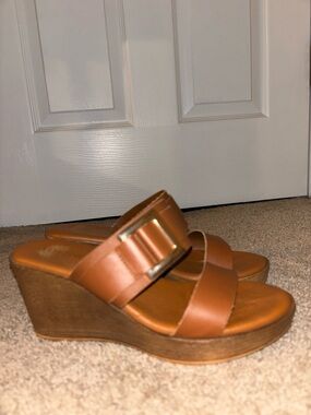 Women’s Tan Wedge Slide Sandals - Comfort Leather Upper